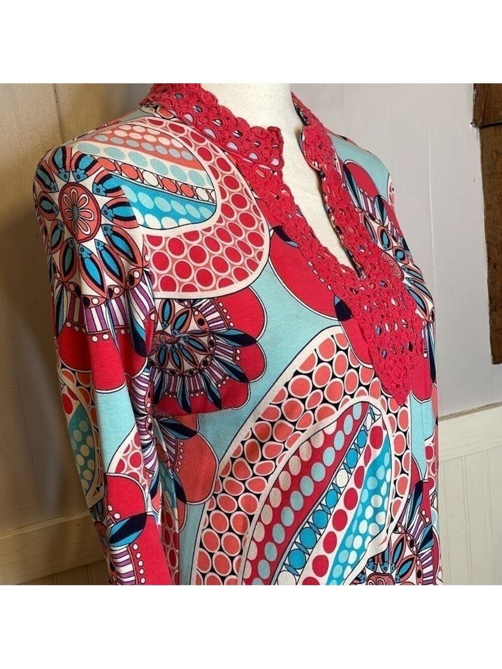 CROWN & IVY CURVY RETRO CROCHET KNIT SHIFT LONG 3/4 SLEEVE DRESS SIZE XS - Picture 5 of 15